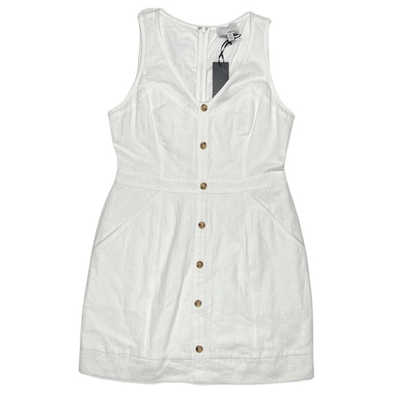 {Greylin} Tank Top V-Neck Front Button Cotton Linen A-Line Shift Mini Dress - Picture 3 of 6